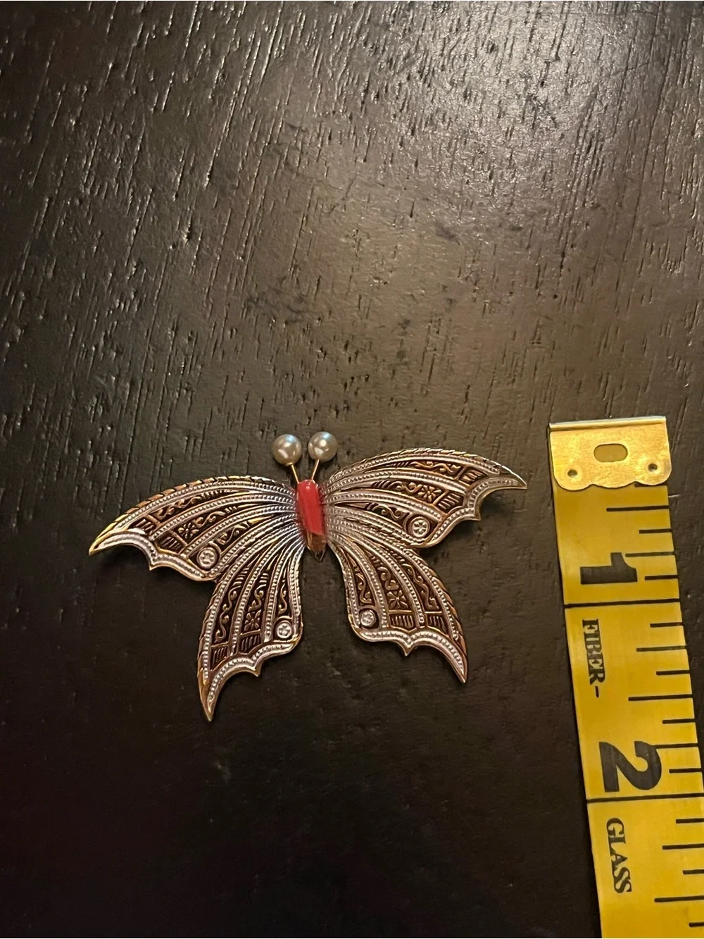 Vintage Damascene Butterfly Brooch with Red Accent and Pearl Antennae